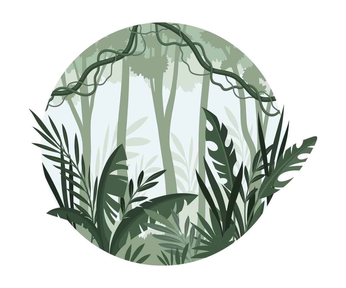 Exotic tropical rainforest landscape with palm trees. Monochrome jungle scene of round shape illustration vector