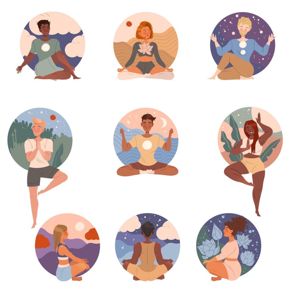 Relaxed people meditating in Lotus pose set. Man and woman practicing yoga and breathing exercise in nature cartoon illustration vector