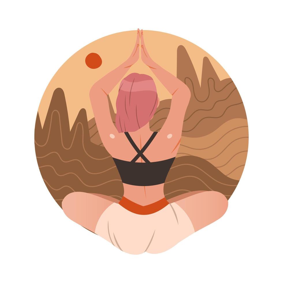 View from behind of girl meditating in Lotus pose. Girl practicing yoga against nature background cartoon illustration vector