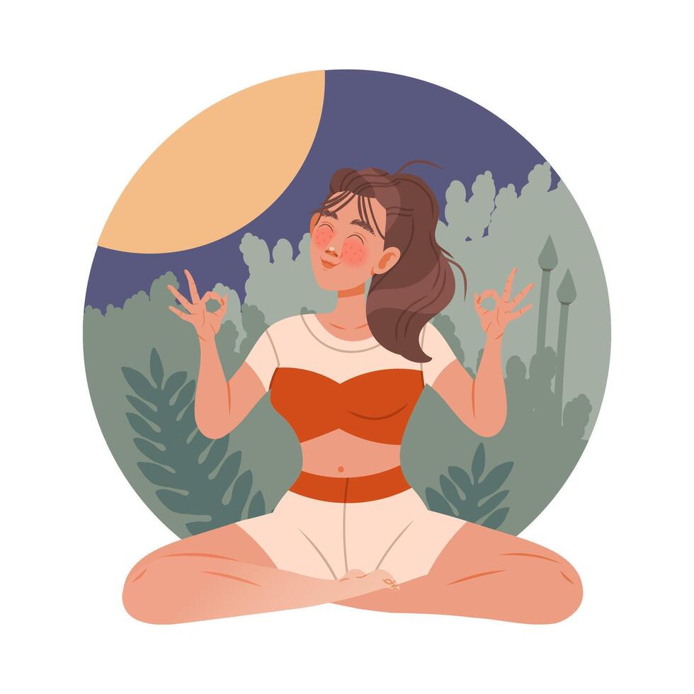 Beautiful woman meditating in Lotus pose against nature background. Girl practicing yoga and breathing exercise cartoon illustration vector