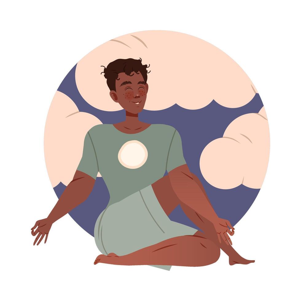 African American man meditating in Half Lord pose. Guy practicing yoga and breathing exercise cartoon illustration vector
