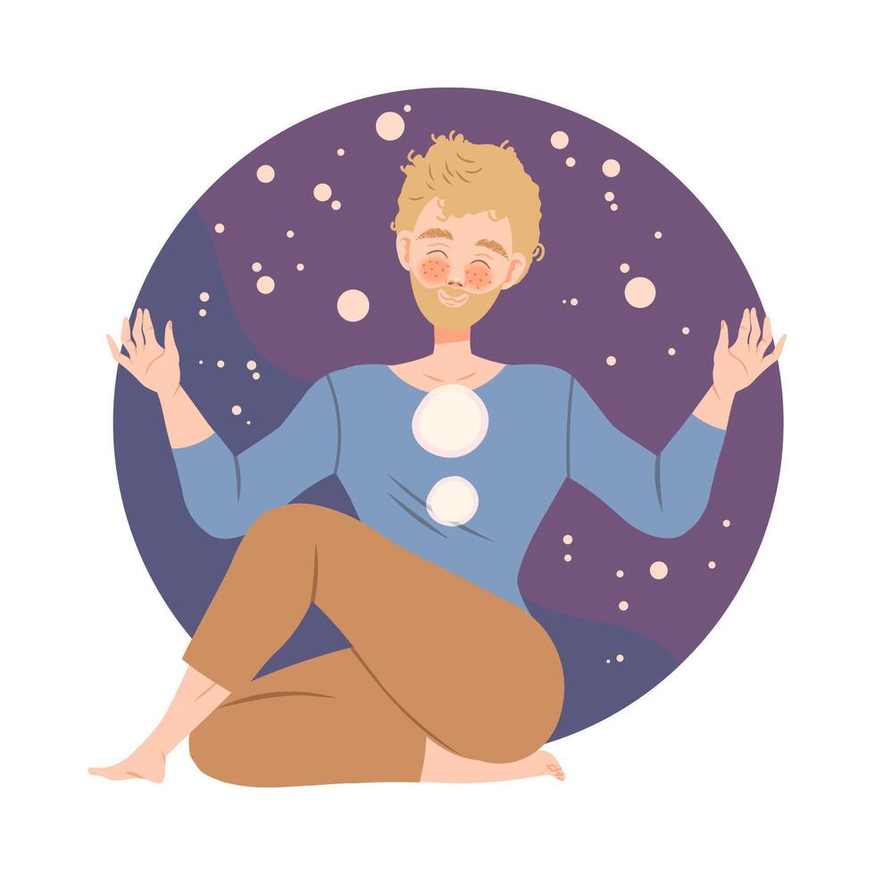 Young man meditating in seated half spinal twist pose. Guy practicing yoga and breathing exercise cartoon illustration vector