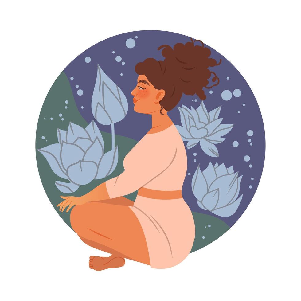 Woman meditating in Lotus pose. Side view of young woman practicing yoga and breathing exercise cartoon illustration vector