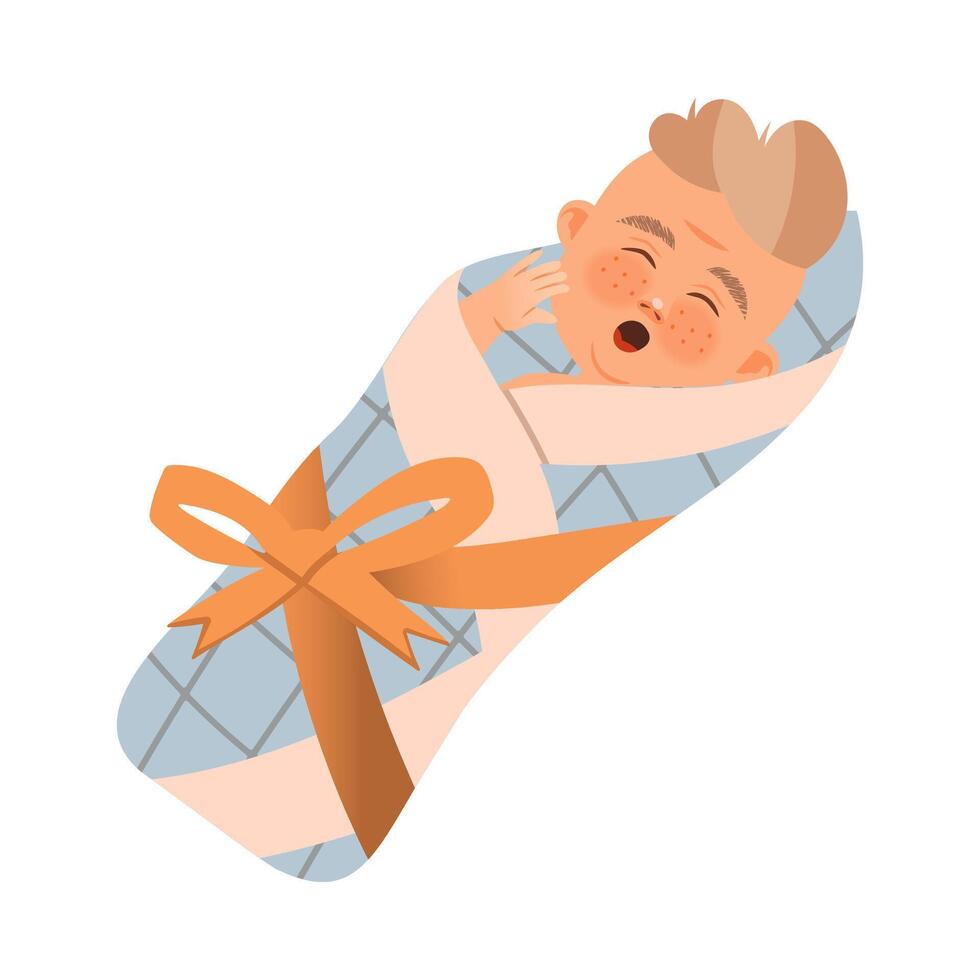 Newborn Baby Enveloped in Blanket and Tied with Ribbon Bow Yawning Illustration vector
