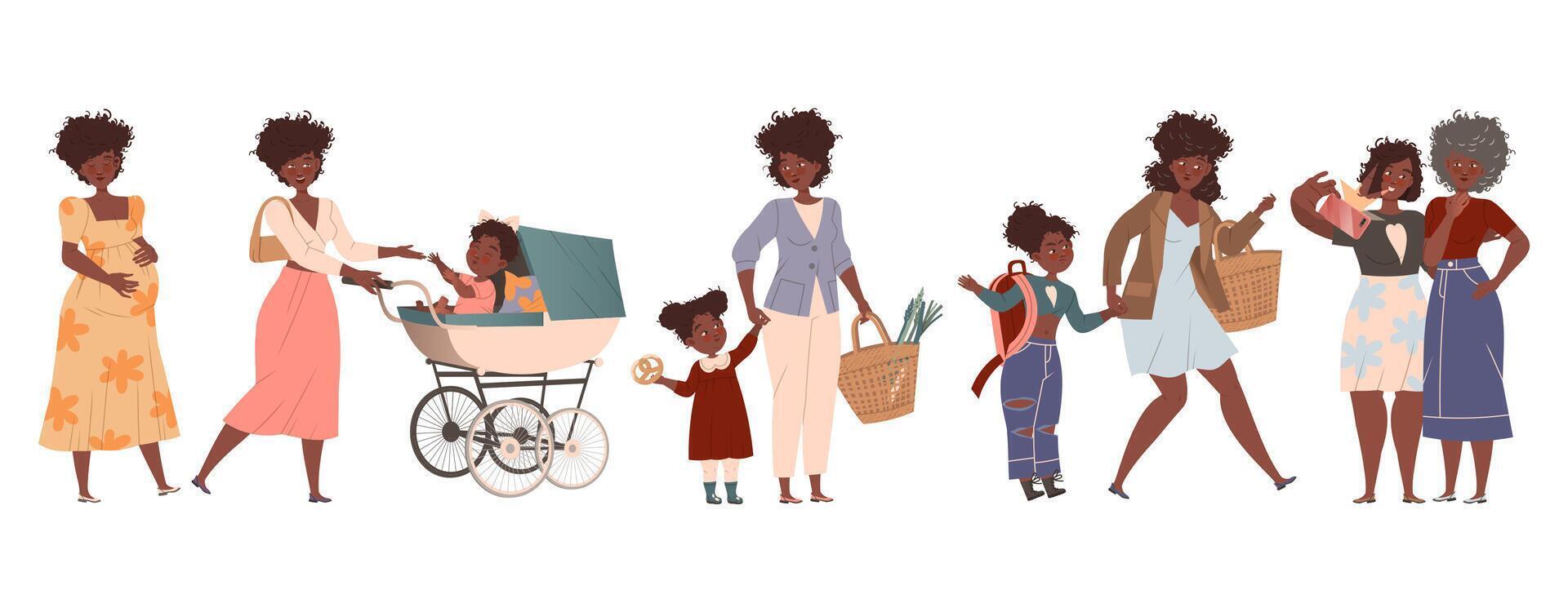 Mom Pregnant with Daughter Walking with Baby Carriage and to School as Growing-up Scene vector