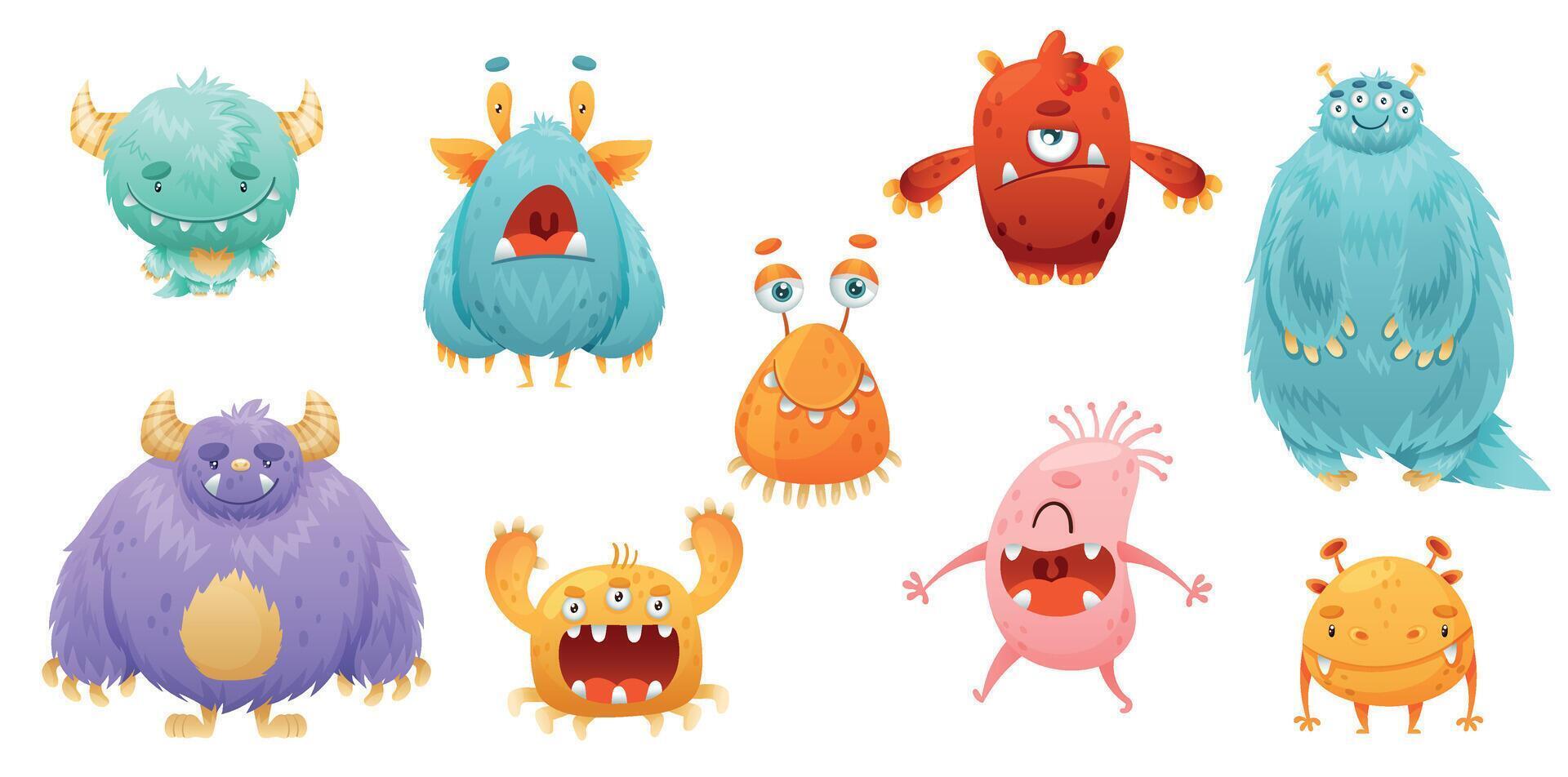Cute friendly monsters baby characters set. Colorful aliens with funny faces cartoon illustration vector