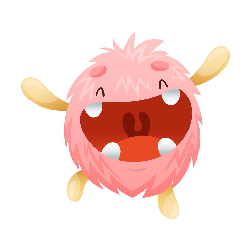 Cute cartoon monster baby character. Pink laughing alien with funny smiling face illustration vector