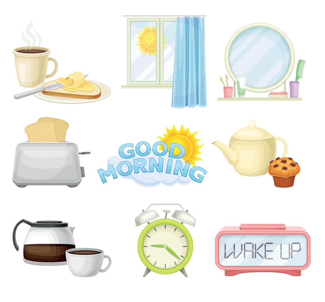 Morning time symbols set. Breakfast food and bathroom accessories Wake up concept cartoon illustration vector