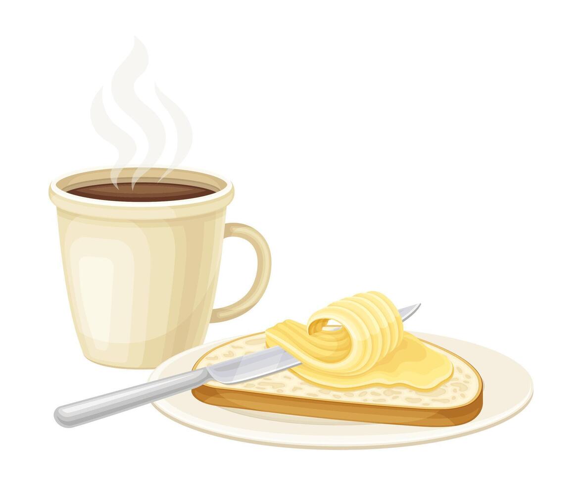 Coffee cup, bread and butter and cheese. Breakfast food, morning time concept cartoon illustration vector