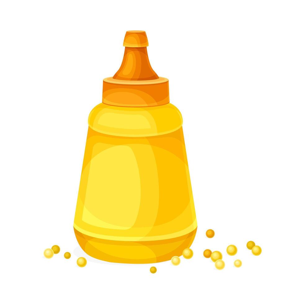 Mustard Paste or Sauce in Yellow Plastic Bottle and Scattered Grain Around Illustration vector