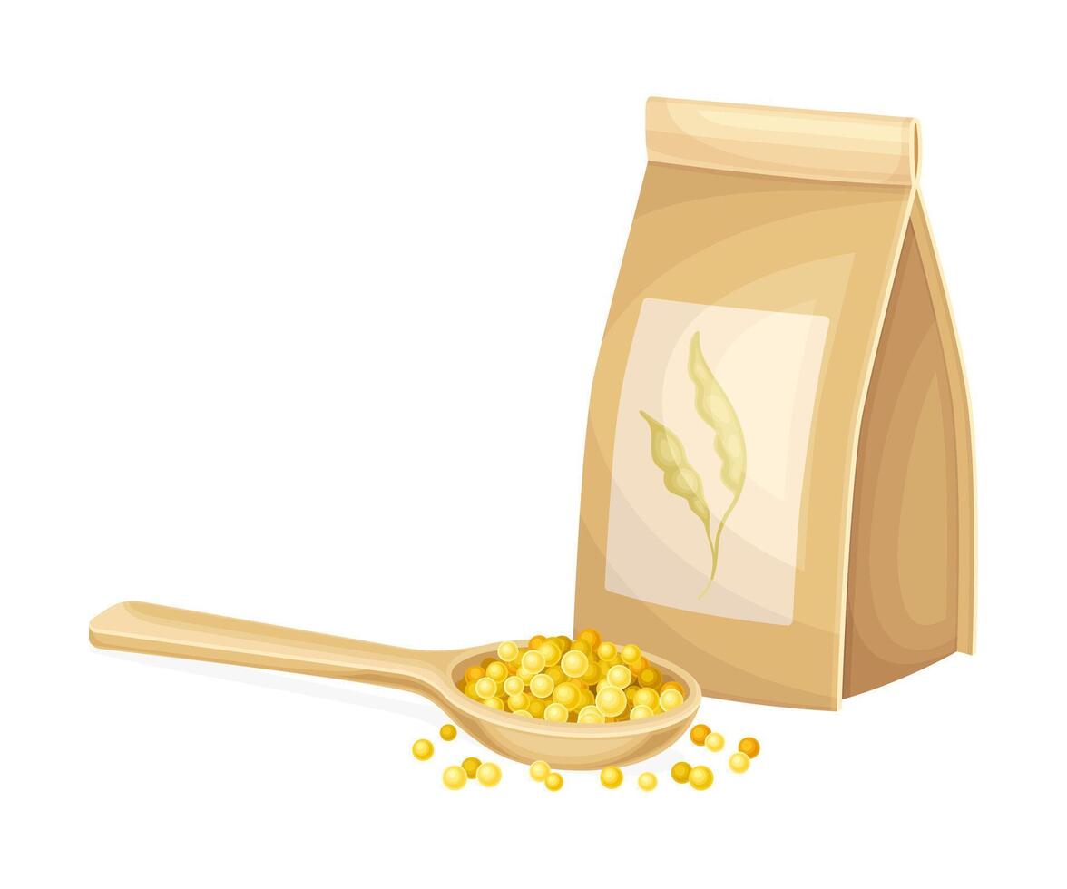 Mustard Yellow Seeds Piled in Spoon and in Packed in Kraft Paper Bag Illustration vector