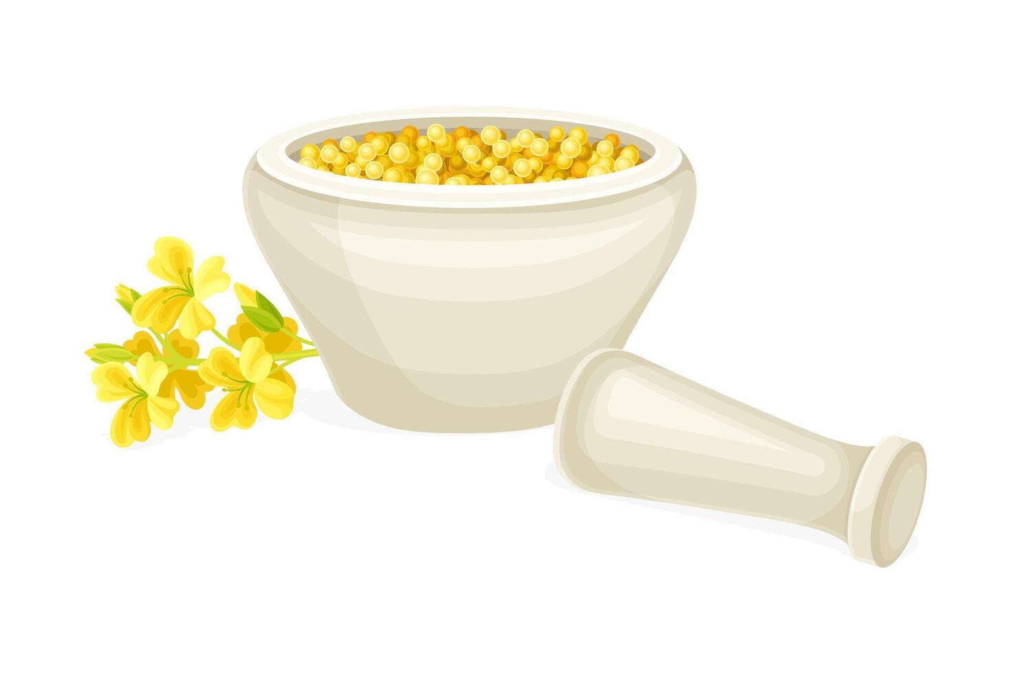 Mustard Yellow Seeds Piled in Mortar with Pestle Illustration vector