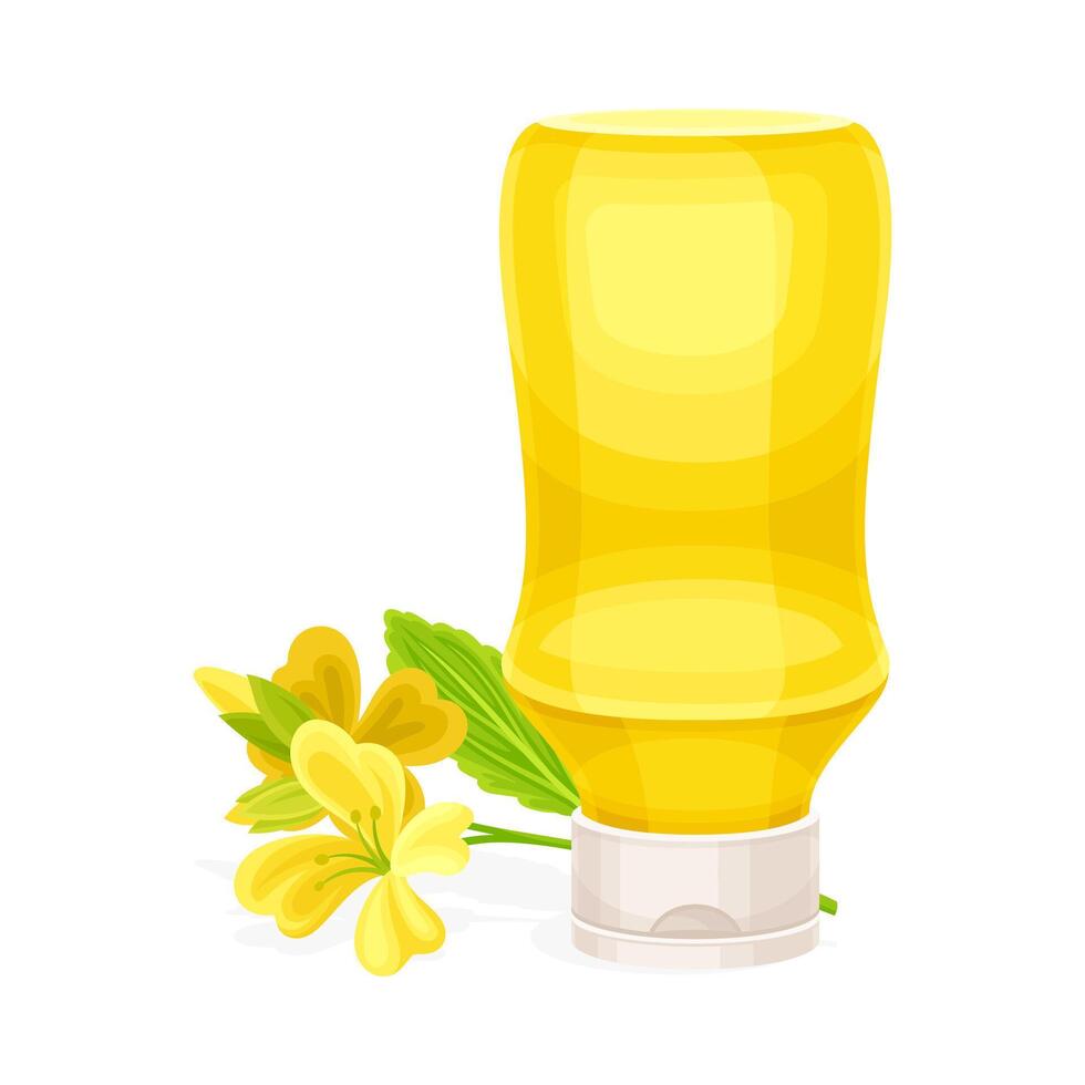 Mustard Paste or Sauce in Yellow Plastic Bottle and Flower Illustration vector