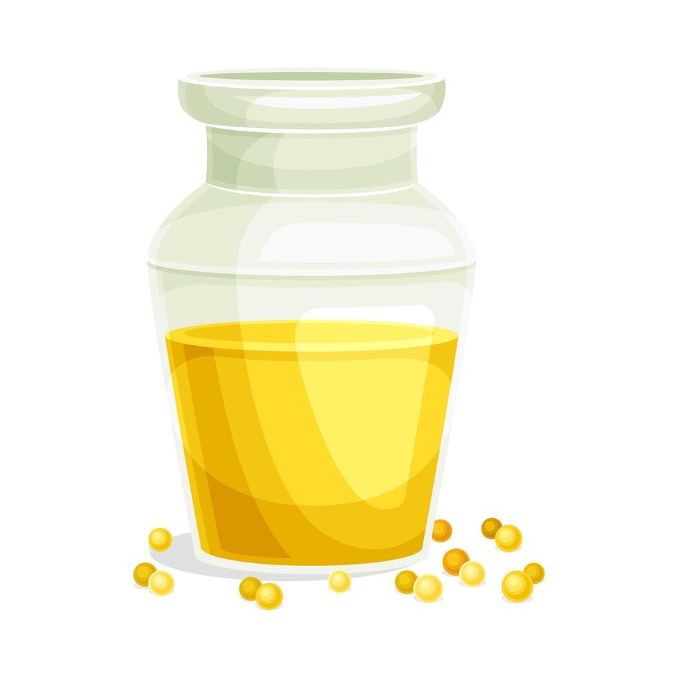Mustard Yellow Oil Poured in Glass Jar and Scattered Grain or Seeds Illustration vector