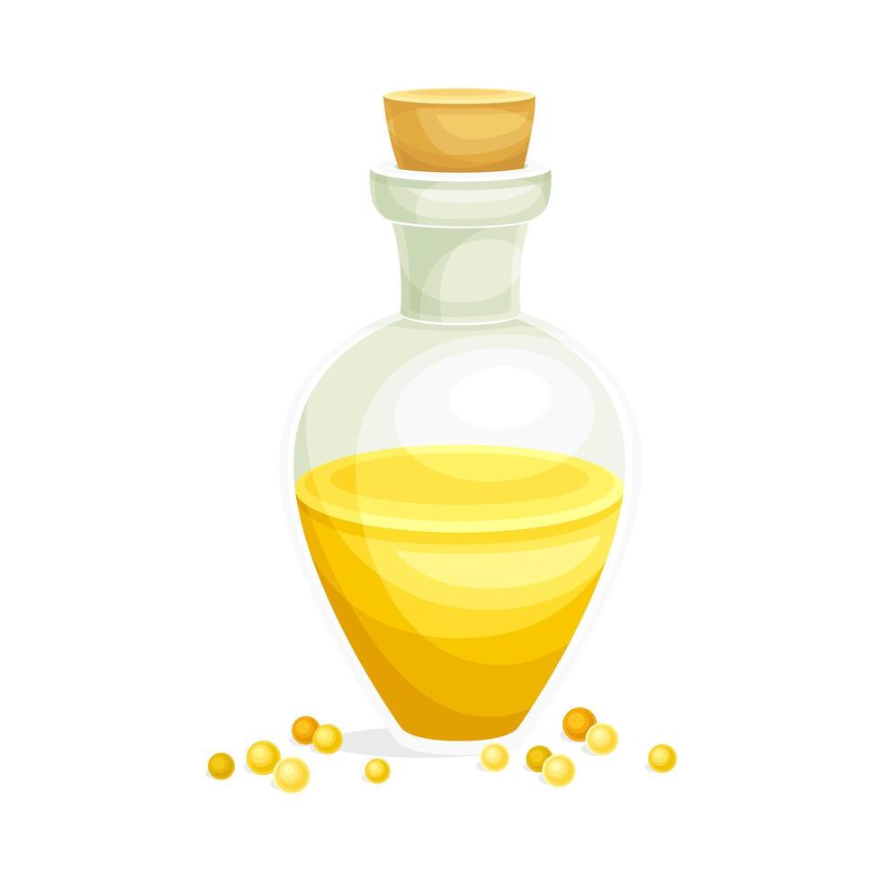 Mustard Yellow Oil Poured in Glass Corked Jar and Scattered Grain or Seeds Illustration vector