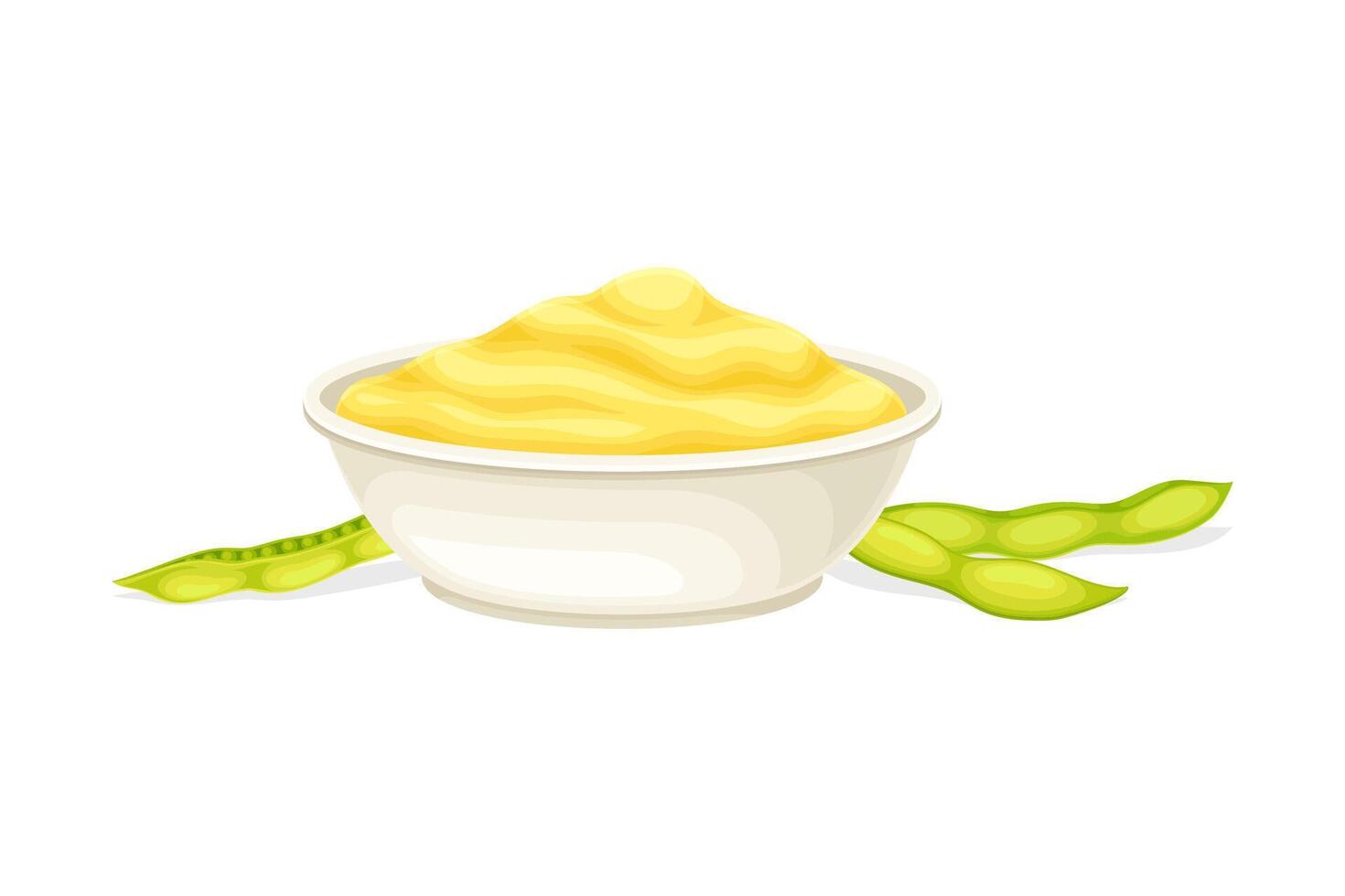 Mustard Yellow Paste or Sauce in Ceramic Bowl and Green Pod with Grain Illustration vector