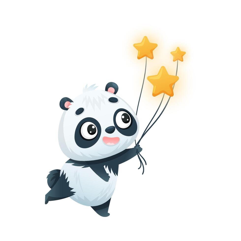 Cute Panda Character Holding Bright Star by String Illustration vector