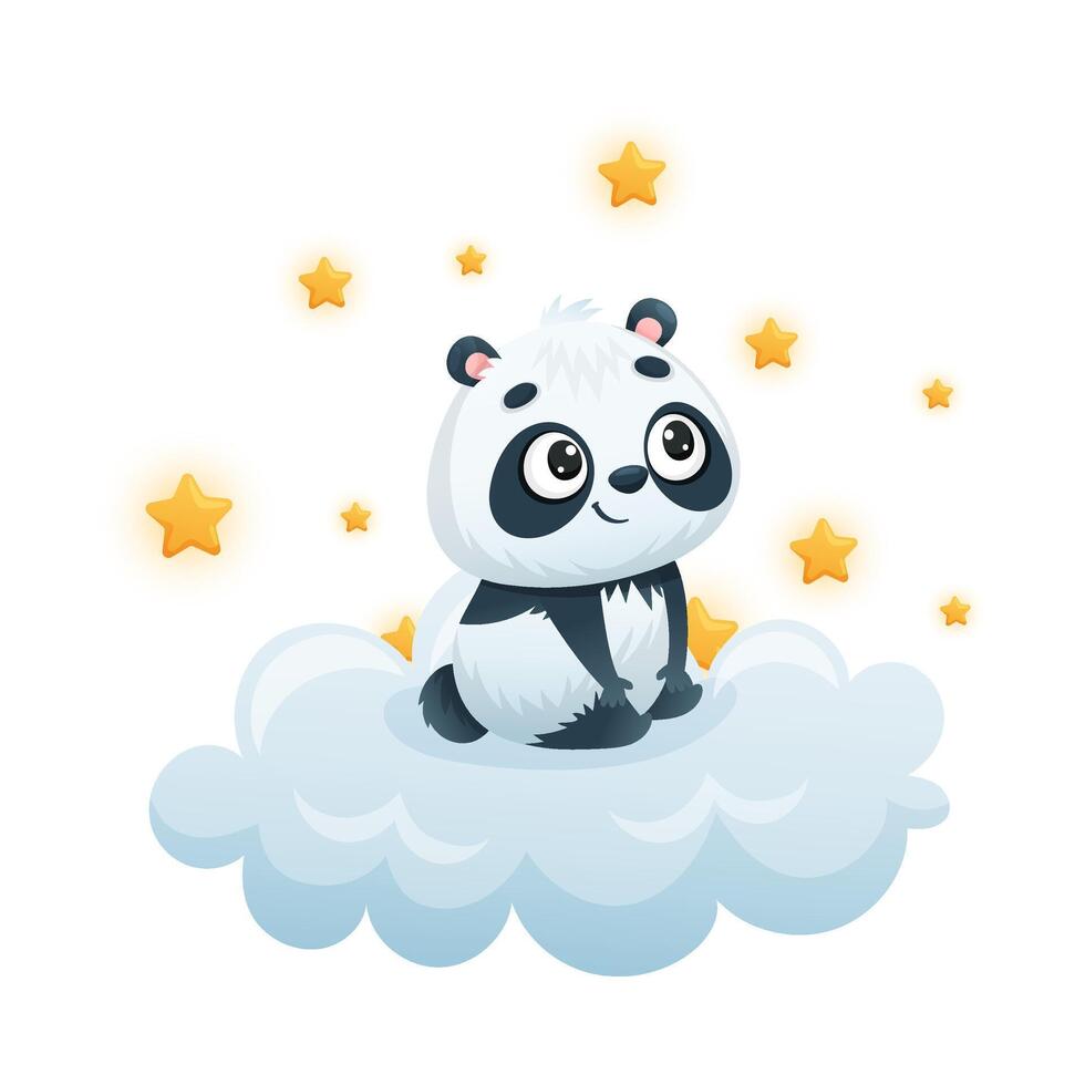 Cute Panda Character Sitting on Soft Cloud Watching Bright Star Illustration vector