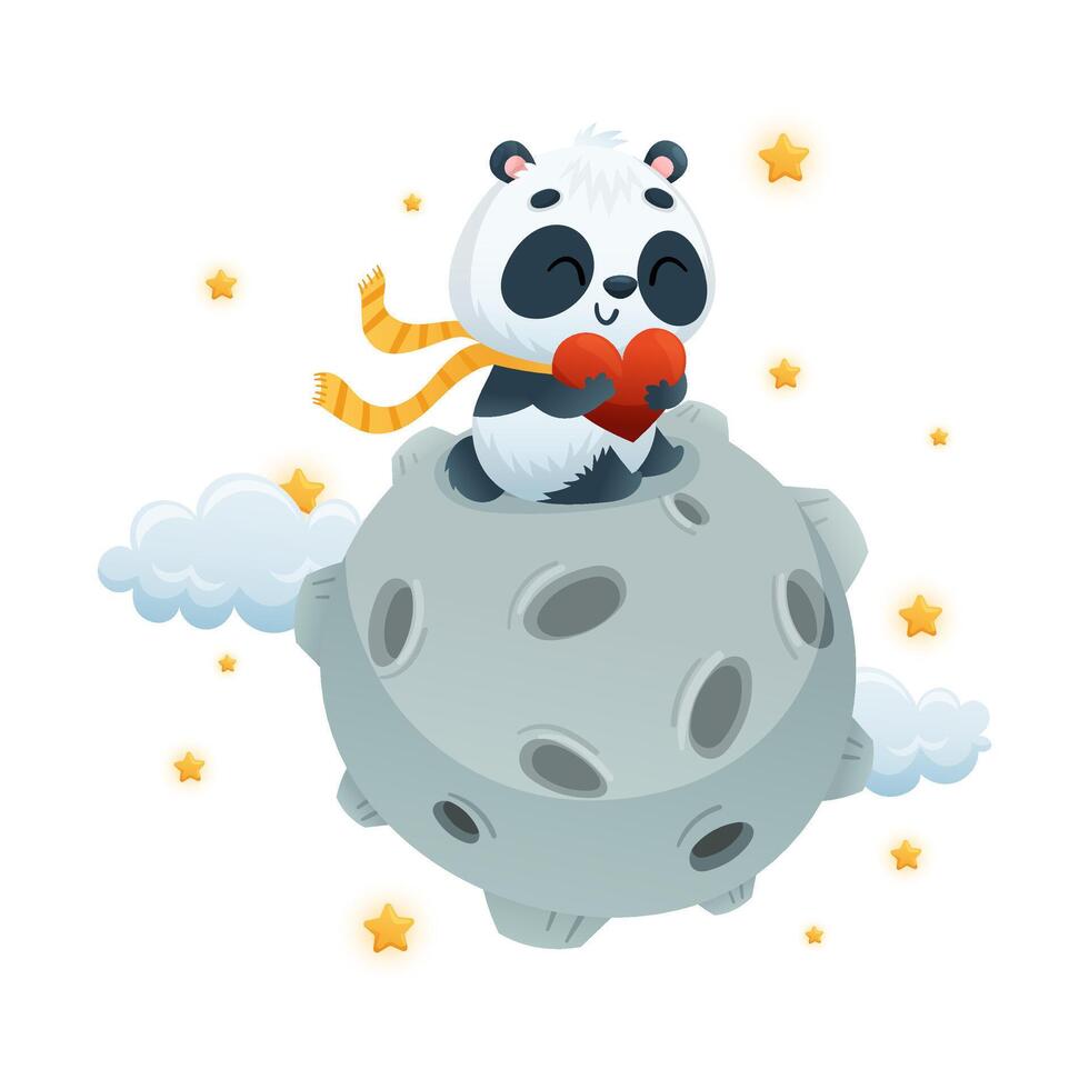 Cute Panda Character Flying on Asteroid and Holding Red Heart Illustration vector