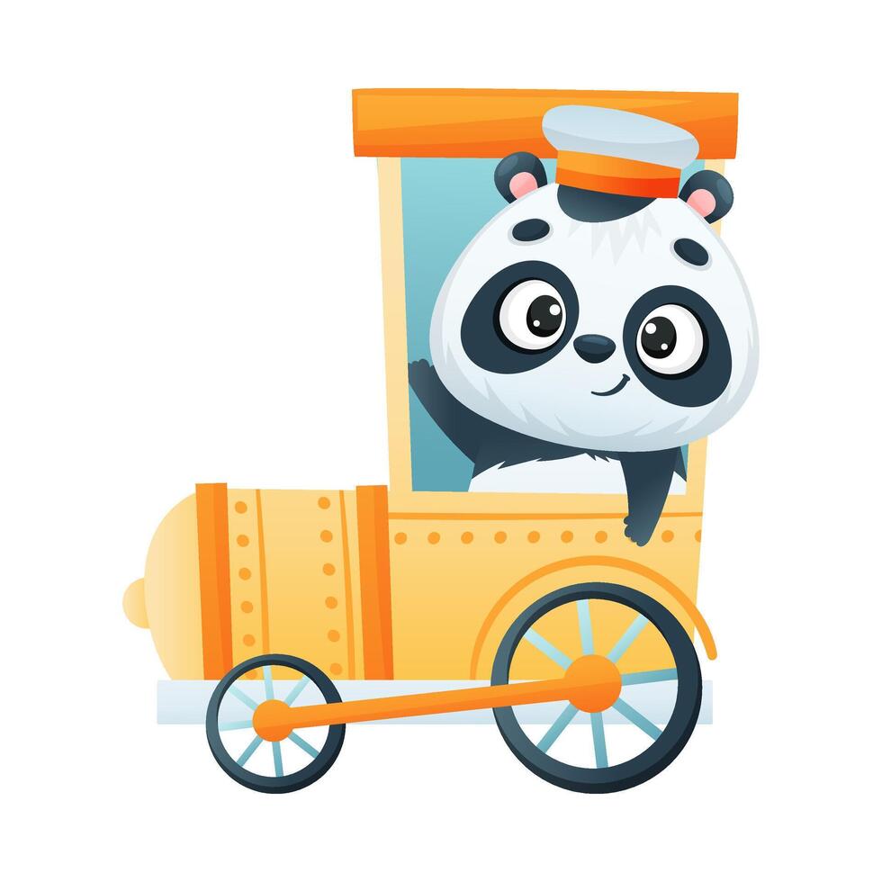 Cute Panda Character Driving Train and Waving Paw Illustration vector