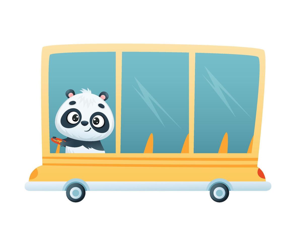 Cute Panda Character Driving Bus Along the Road Illustration vector
