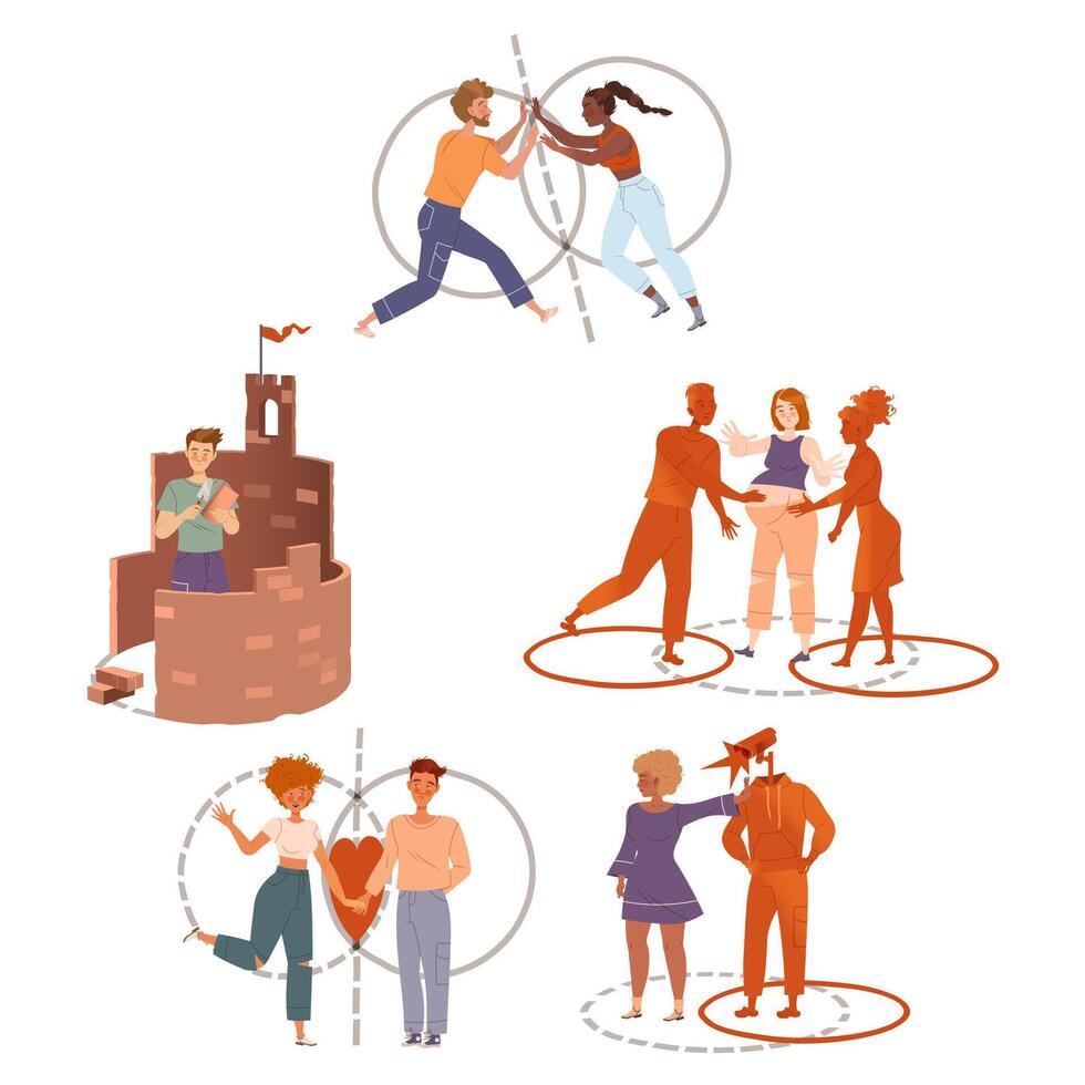 Personal boundaries set, People standing inside drawn lines. Self isolation, personal space illustration vector