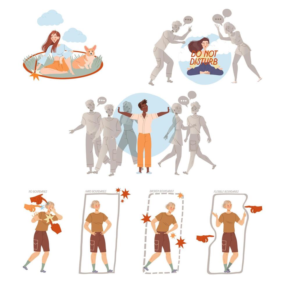 Personal boundaries set, People standing inside drawn lines. Self isolation, unsocial lonely person, personal space illustration vector