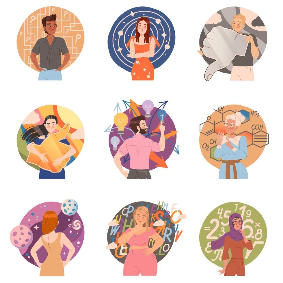 People with different types of thinking. Scientific, positive, negative, analytical, imaginative, humanitarian mental mindsets cartoon illustration vector