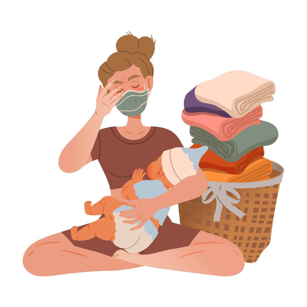 Mother wearing protective mask breastfeeding her baby. Compelled Isolation due to Covid 19 Pandemic illustration vector