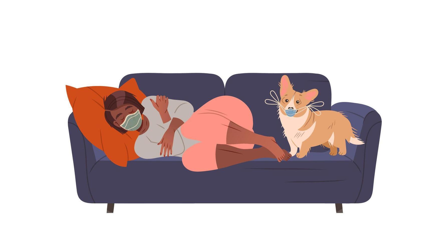Infected girl in protective mask lying on sofa. Woman staying at home with self quarantine due to Covid 19 Pandemic illustration vector