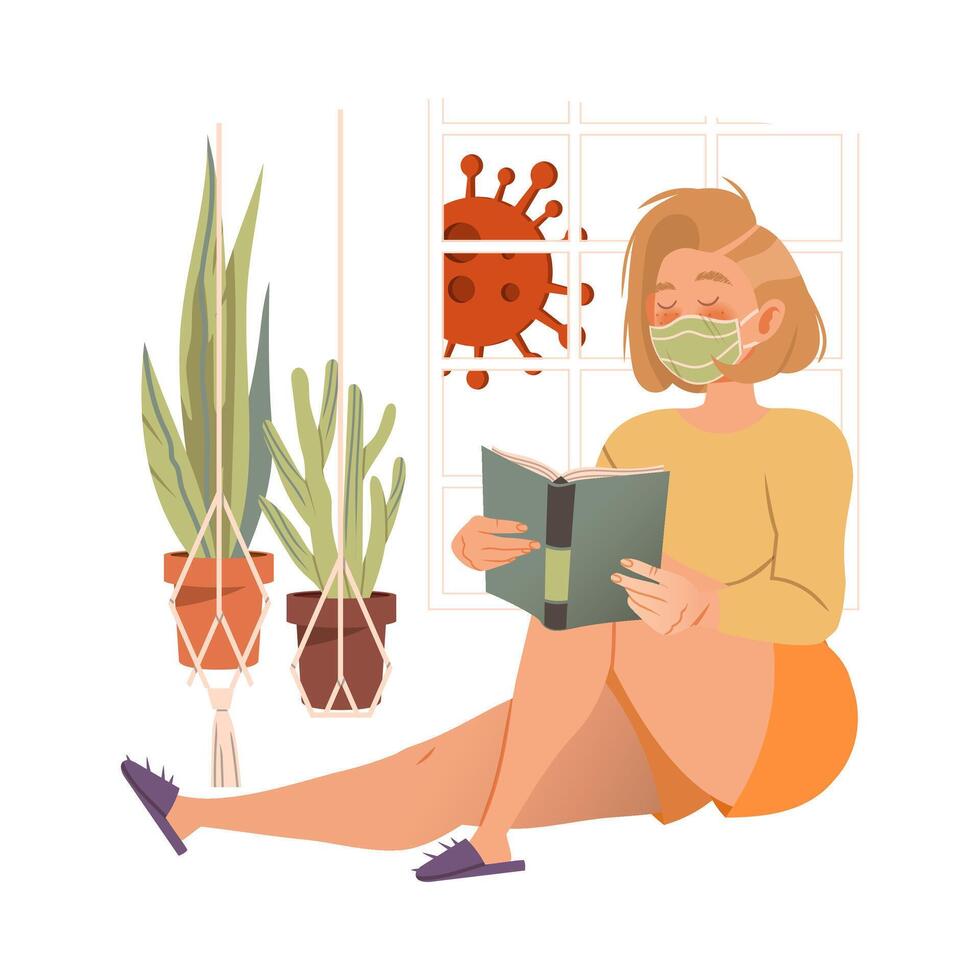Woman wearing protective face mask reading book. Home quarantine, compelled Isolation due to Covid 19 Pandemic illustration vector