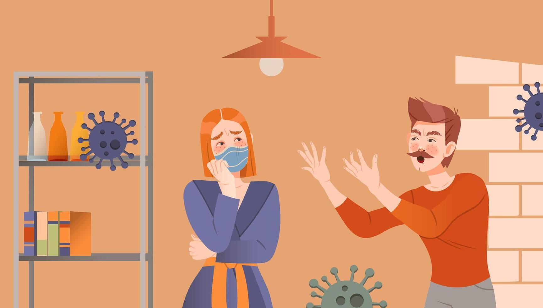 Man arguing with infected girl in protective mask. Home quarantine, compelled Isolation due to Covid 19 Pandemic illustration vector