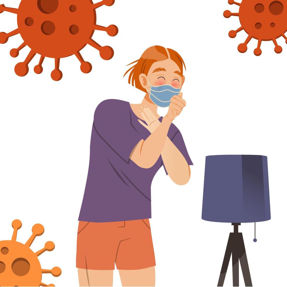 Infected person in protective mask. Home quarantine, compelled Isolation due to Covid 19 Pandemic illustration vector