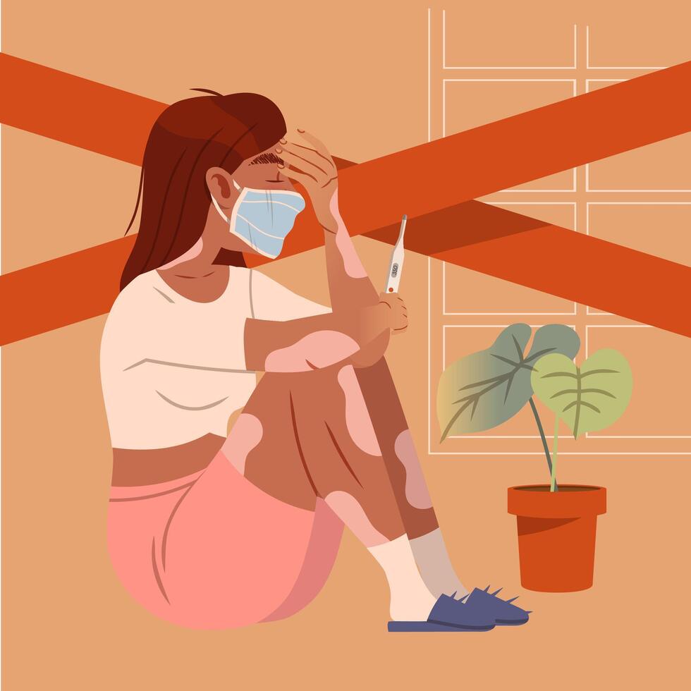 Infected girl in protective mask staying at home with self quarantine. ompelled Isolation due to Covid 19 Pandemic illustration vector