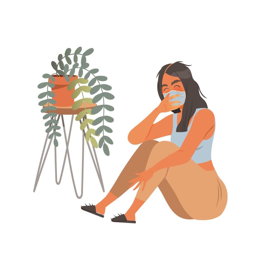 Girl in protective mask staying at home with self quarantine to stop outbreak. ompelled Isolation due to Covid 19 Pandemic illustration vector