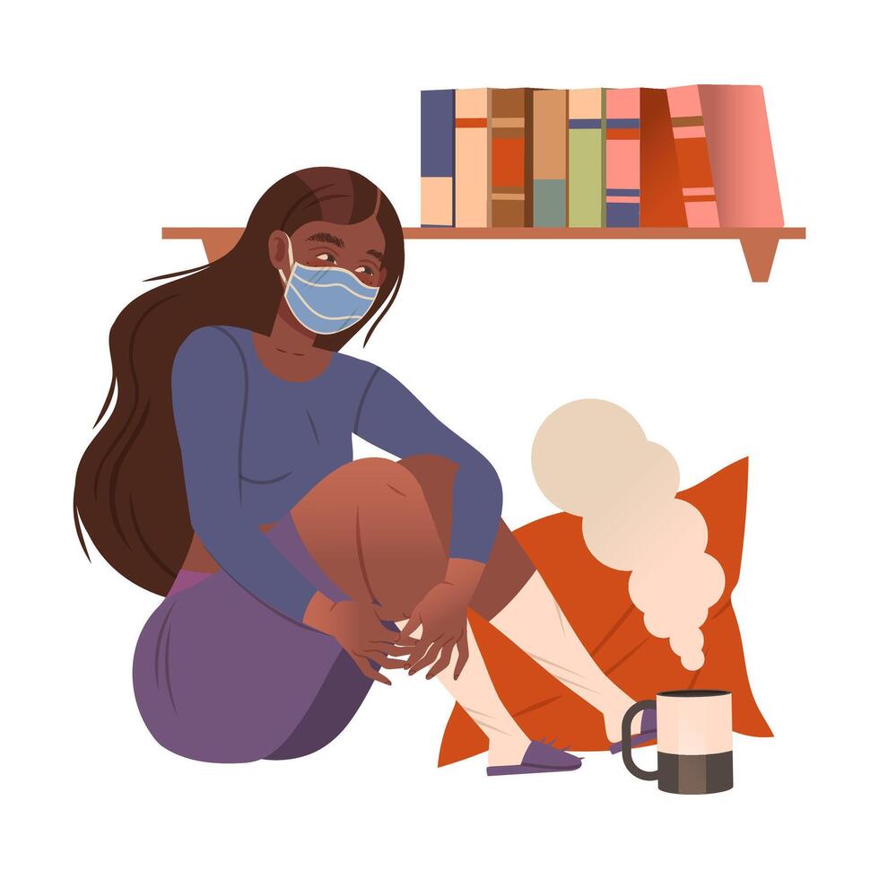 Girl in protective mask staying at home with self quarantine. Compelled Isolation due to Covid 19 Pandemic illustration vector