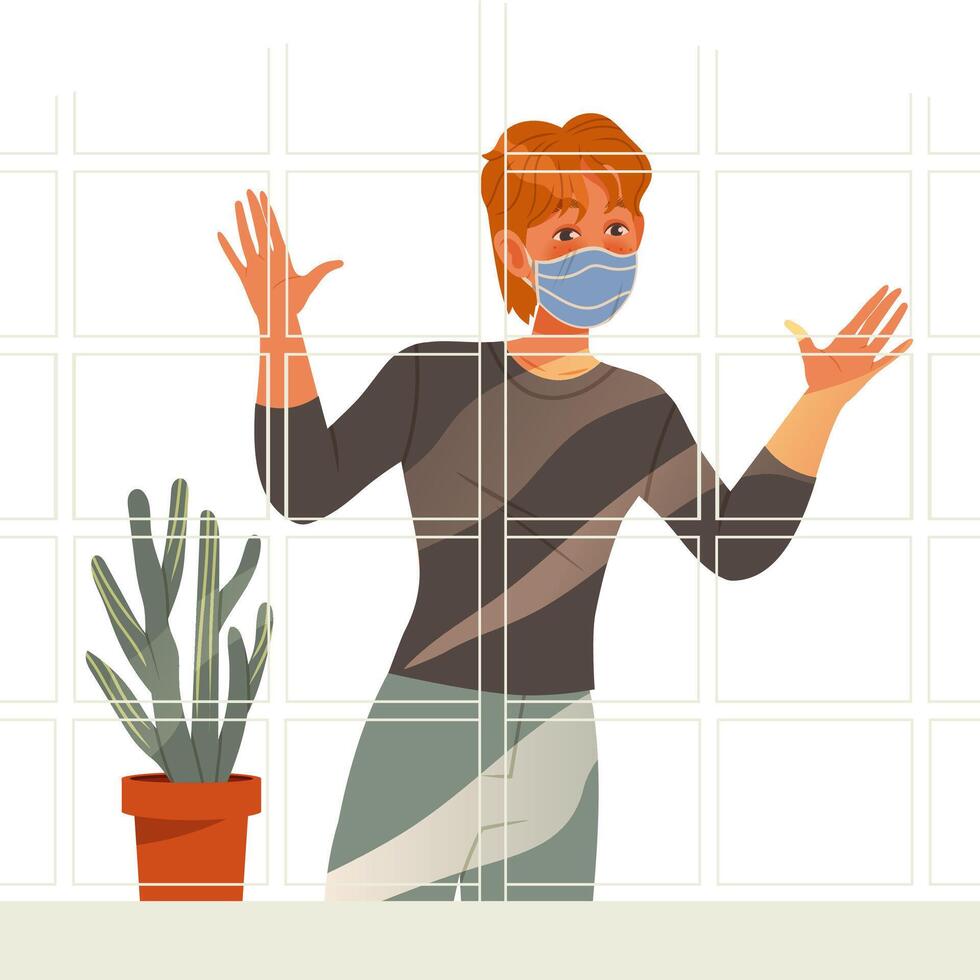 Man in protective mask looking out of the window. Guy staying at home with self quarantine due to Covid 19 Pandemic illustration vector