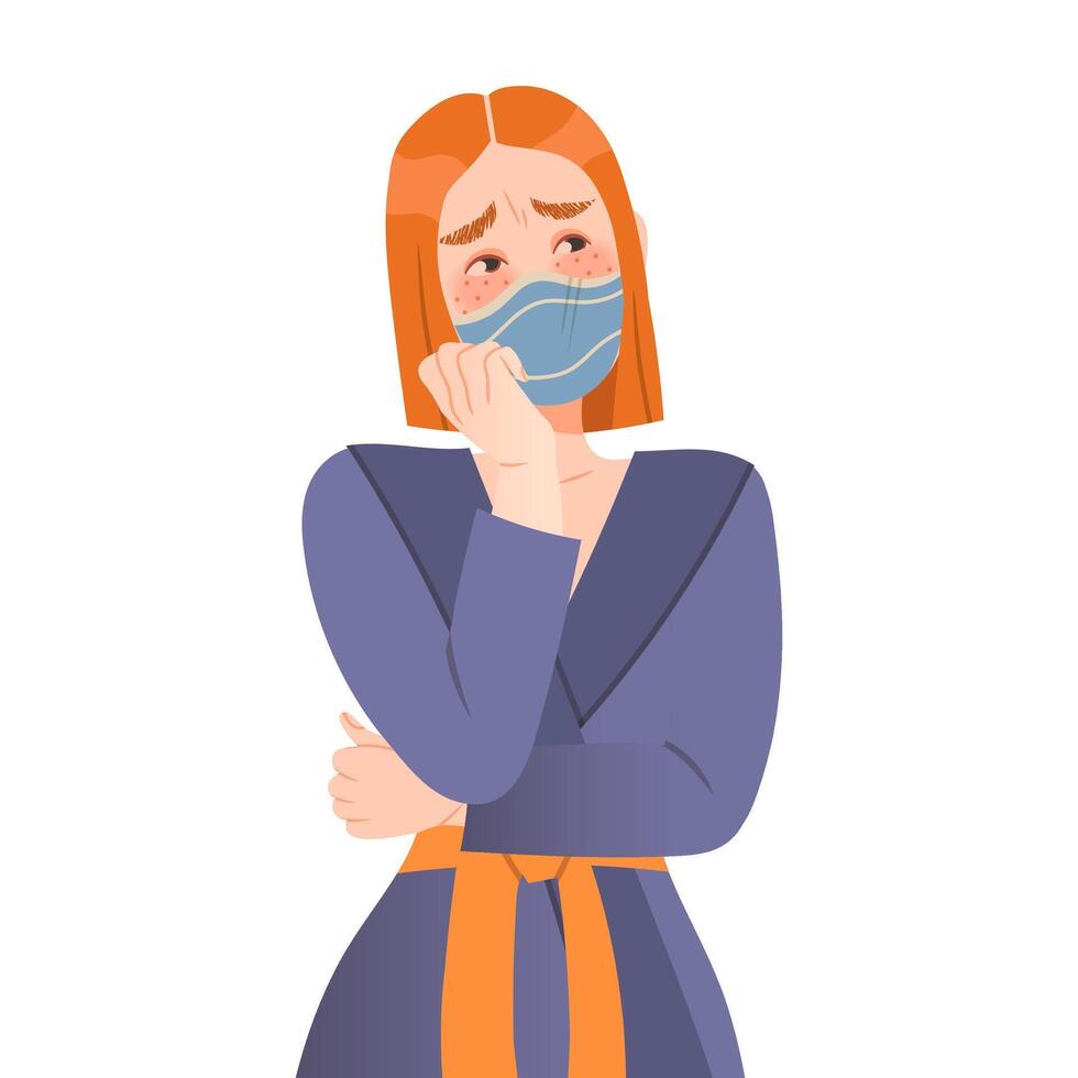 Depressed girl in protective mask staying at home with self quarantine. Compelled Isolation due to Covid 19 Pandemic illustration vector