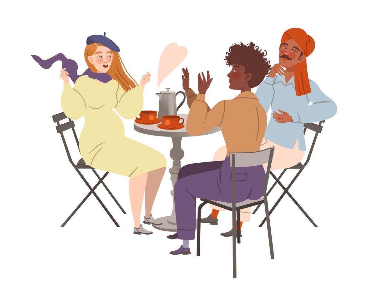 People sitting at table in cafe or restaurant. Friends talking, eating and drinking at cafeteria illustration vector