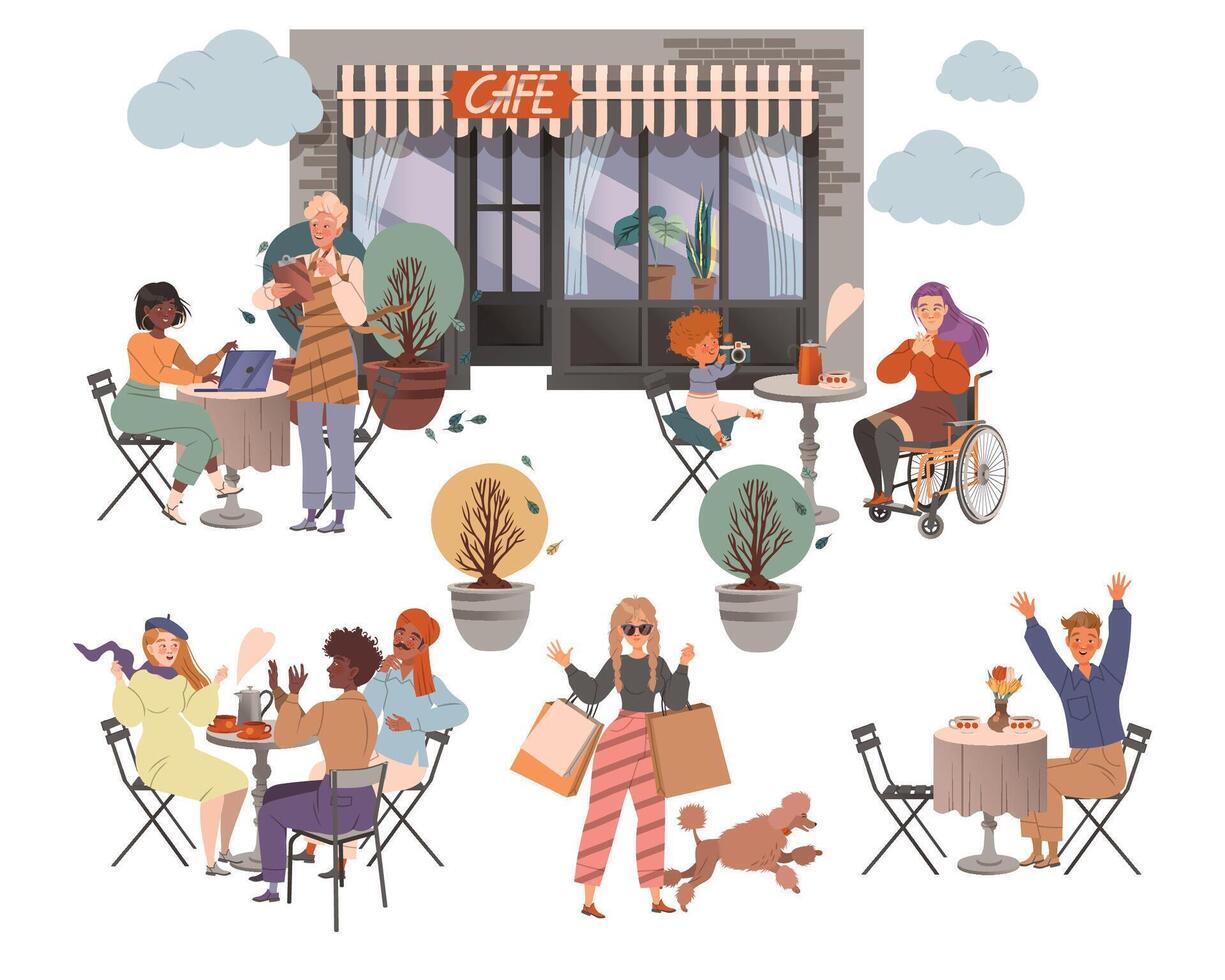People sitting at tables in street cafe or restaurant. Visitors talking, eating and drinking at cafeteria illustration vector