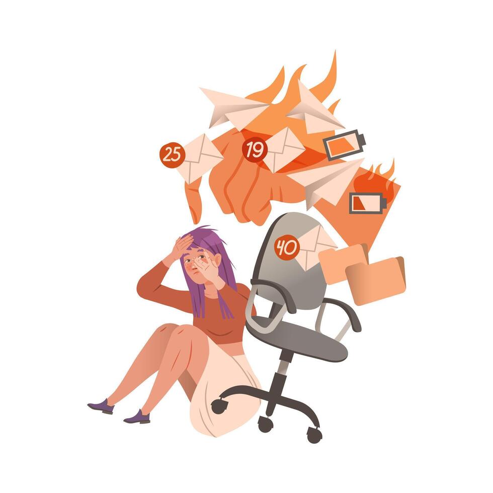 Stressed overwhelmed girl manager overloaded by information, job burnout, ineffective multitasking illustration vector