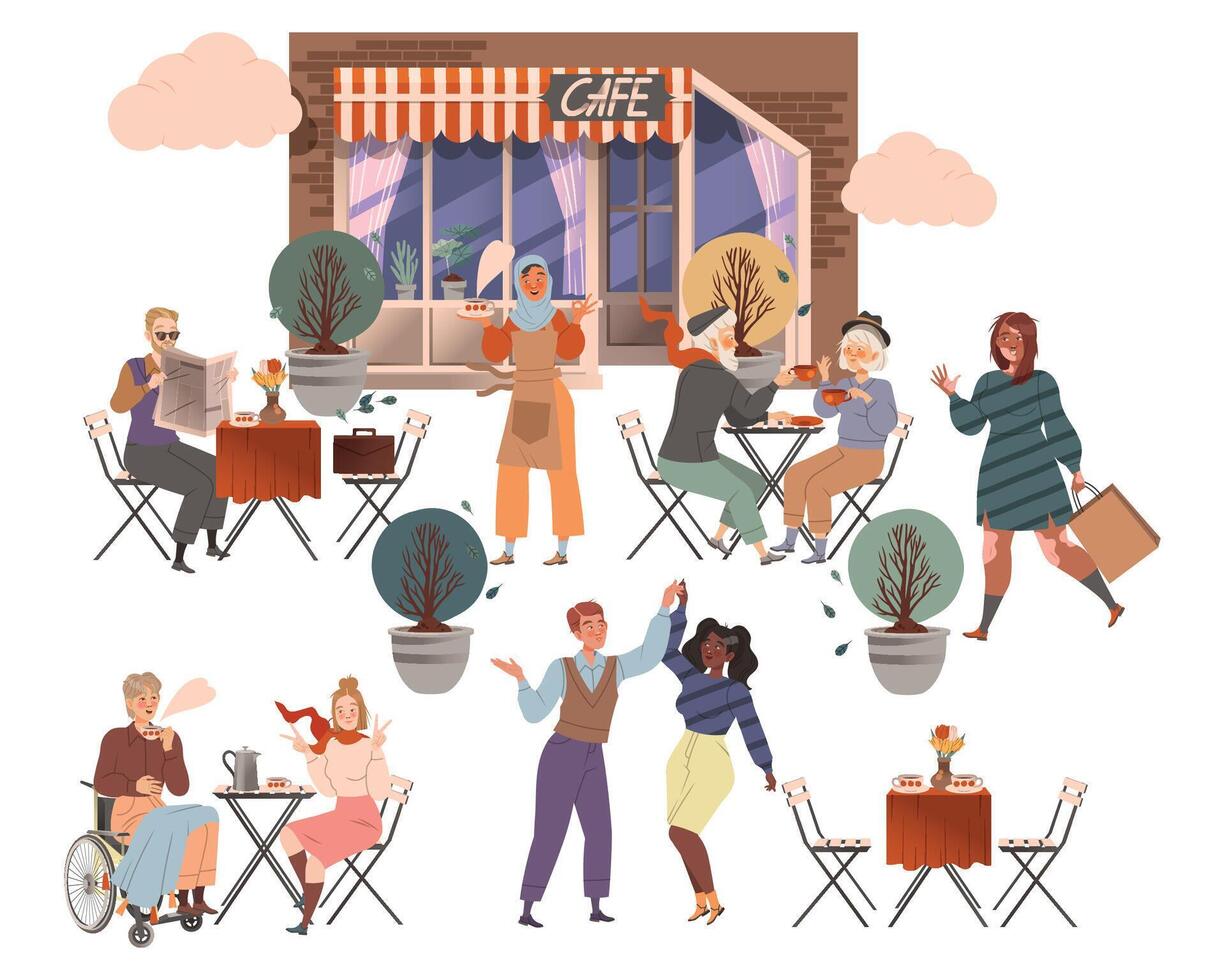 People sitting in street cafe set. Visitors talking, eating and drinking at cafeteria illustration vector