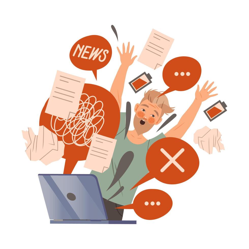 Stressed man sitting in front of laptop overloaded with lot of information, job burnout, ineffective multitasking concept illustration vector