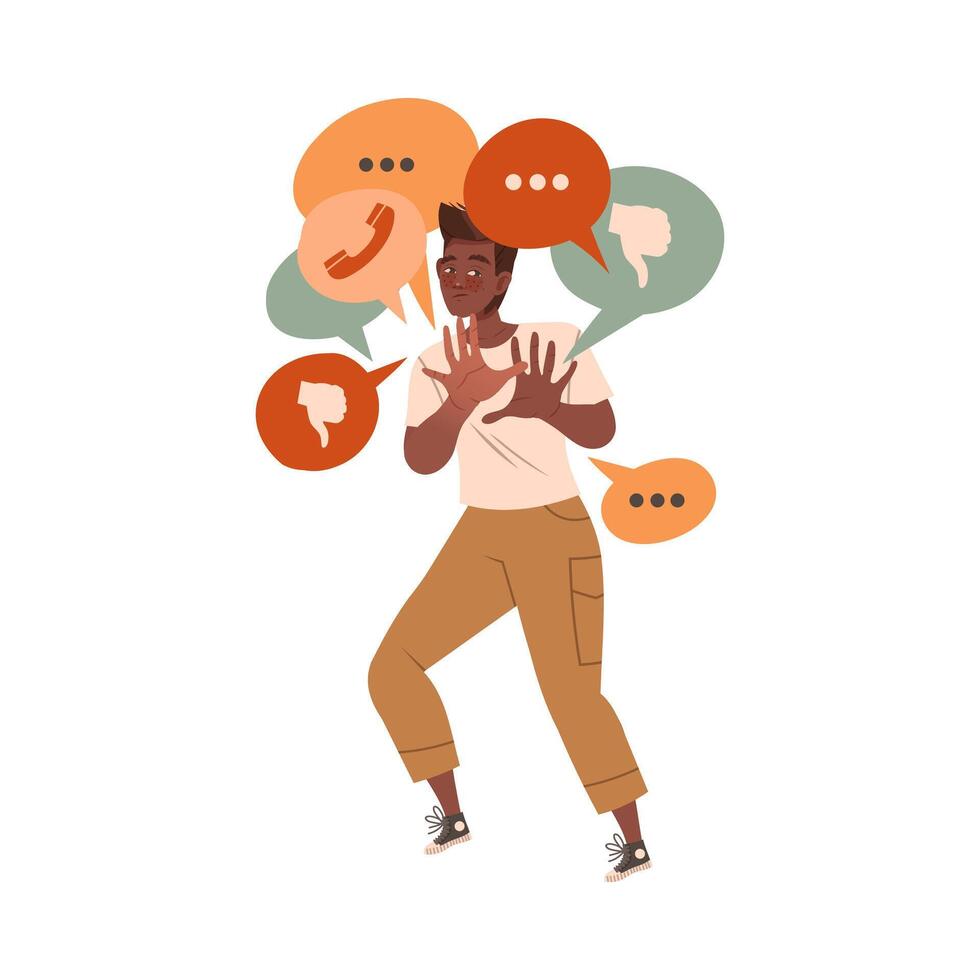 Stressed person overloaded by information. Panicked man surrounded by speech bubbles illustration vector