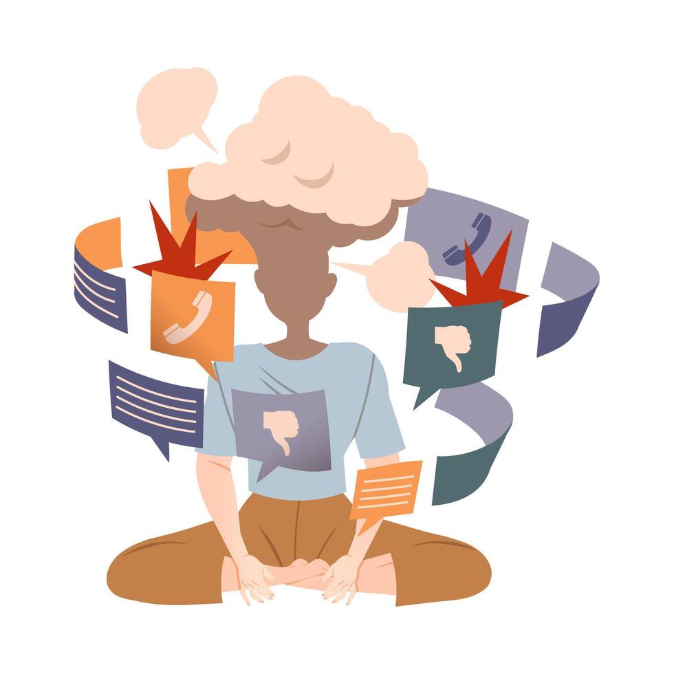 Personl overloaded by information, job burnout, ineffective multitasking illustration vector