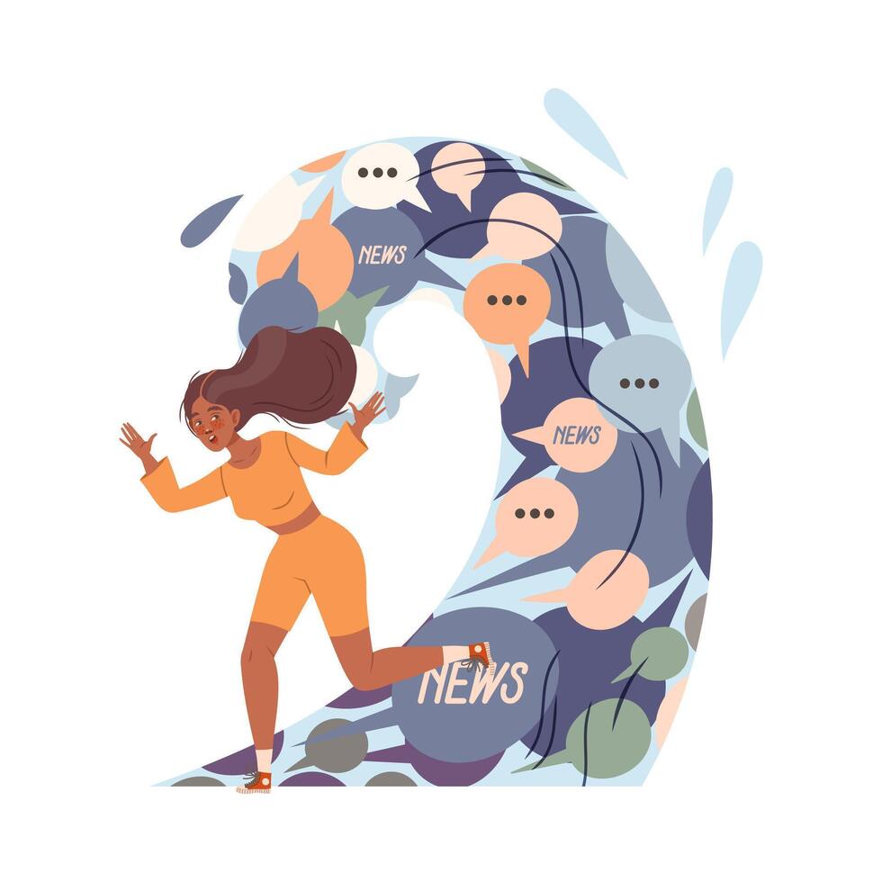 Panicked girl running away from information wave. Stressed person overloaded by information illustration vector