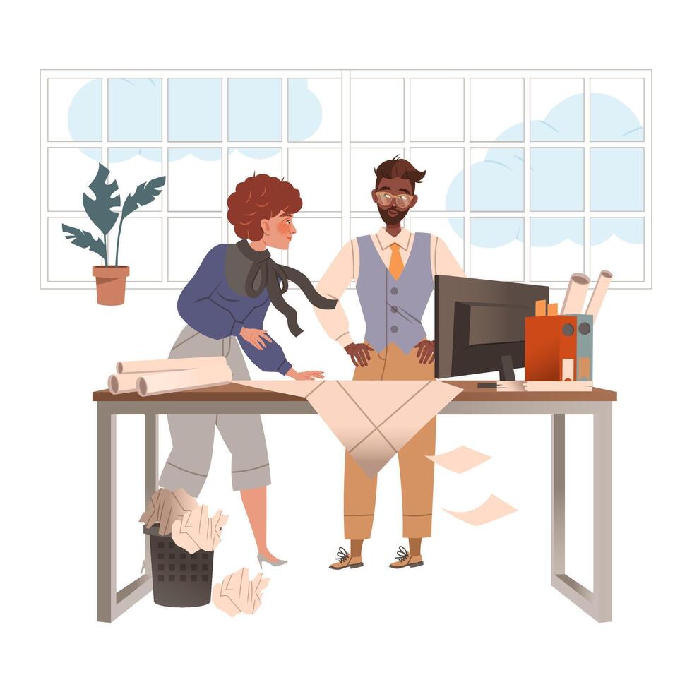 Business people working together in office. Coworking space with creative people working on project illustration vector