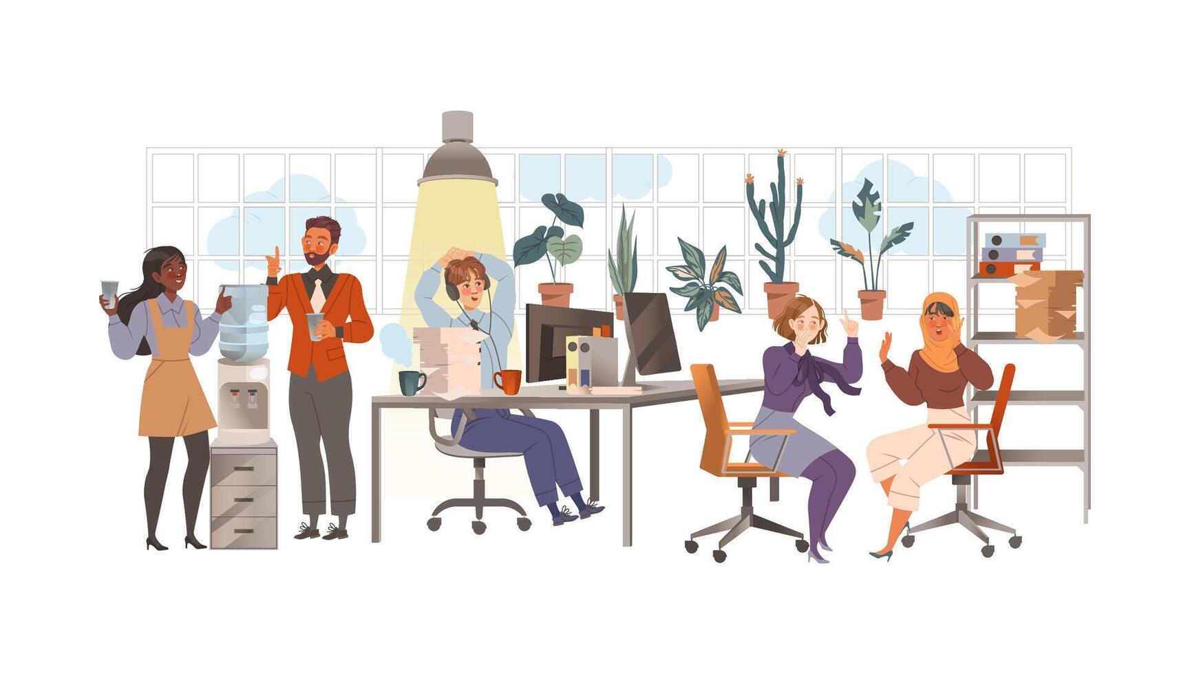 Business people working together in office. Coworking space with creative people planning, talking, brainstorming illustration vector