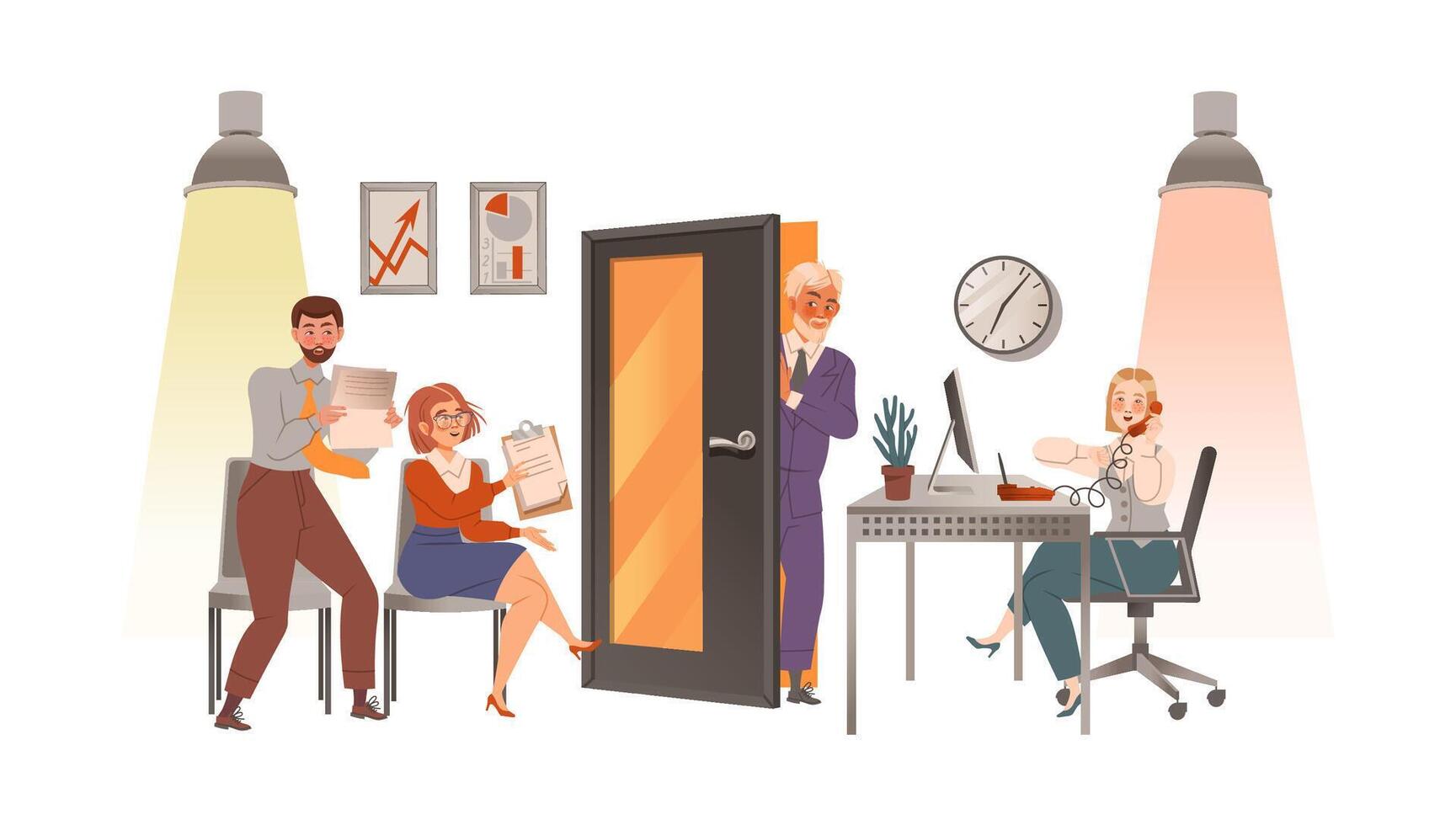 Job seekers waiting for job interview with resume in their hands. Candidates sitting near boss cabinet illustration vector