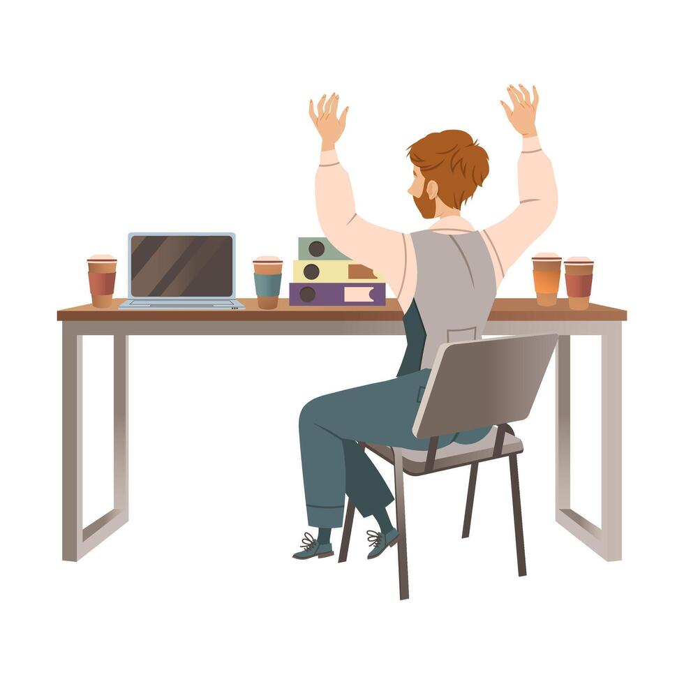 Businessman sitting at the desk with laptop computer. Side view of office worker character raising his hands illustration vector